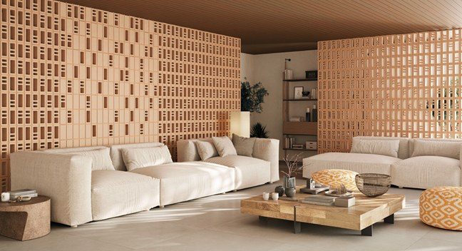 Perete despărțitor din celosia ceramică, colecția Lumina Brick Sand, cu placare Clunia 120x280 — Durstone